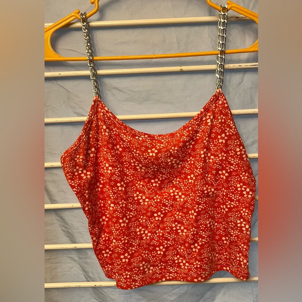 Elegant Red Floral Camisole with Chain Straps